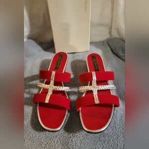 Fancy- Vibrant red velvet slides. Beatrice brand, made in Germany. Size 6.5